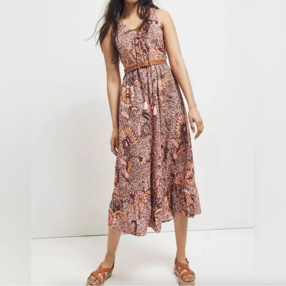 Madewell Dresses & Skirts - Madewell Lace-Up Ruffle-Hem Midi Dress in Bali Blooms Block Print Size 4